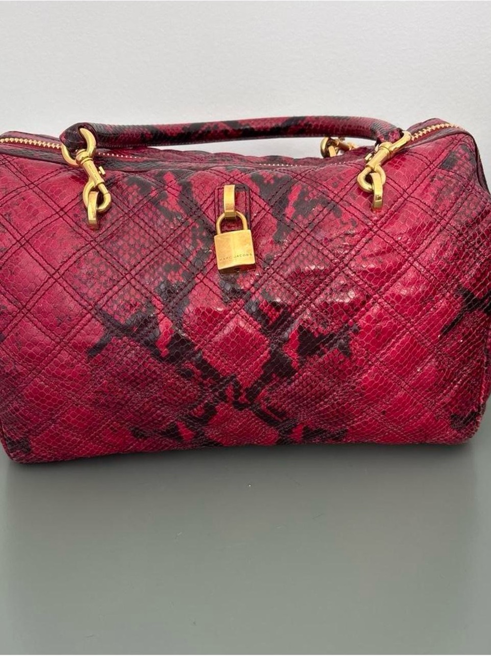 Marc Jacobs Red and Black Snake-Print Leather Satchel with Gold Hardware